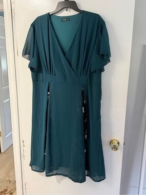Windsor Teal Wrap-Style Midi Dress with Flutter Sleeves